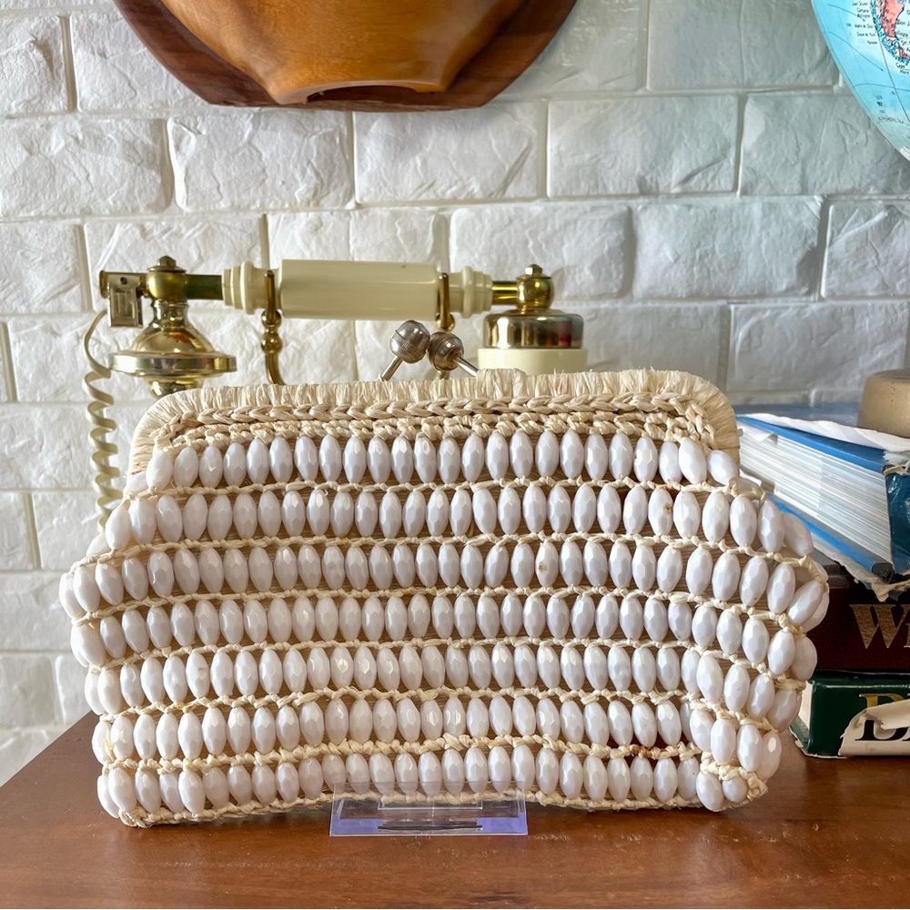 Vintage Mid-Century Marcus Brothers Italian Beaded + Woven Boho Clutch Handbag - Picture 2 of 15